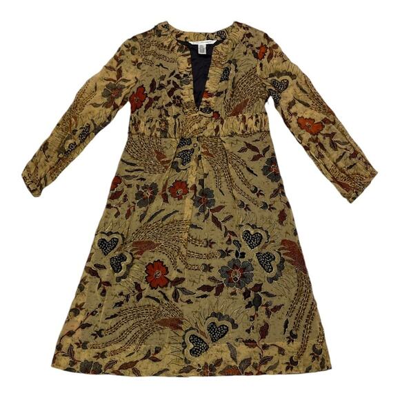 Diane Von Furstenberg Silk Brown Sheer Sleeves Knee Length Floral Dress Size 4 - Picture 2 of 13